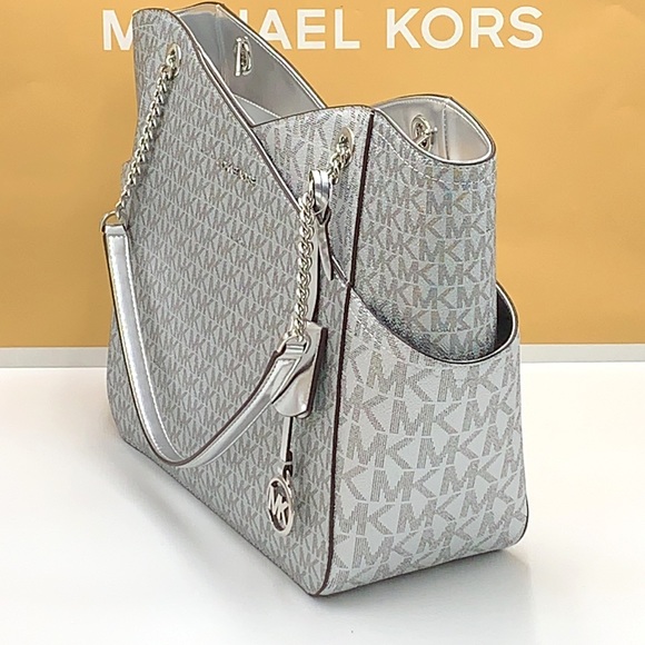 MICHAEL KORS JET SET LARGE X CHAIN SHOULDER TOTE SILVER SIGNATURE COLOR - Picture 8 of 16
